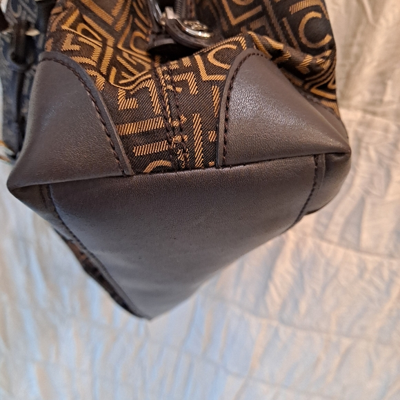 Liz Claiborne Vintage Cotton Canvas Fabric Tan Brown Monogram Shoulder Satchel - Picture 12 of 15